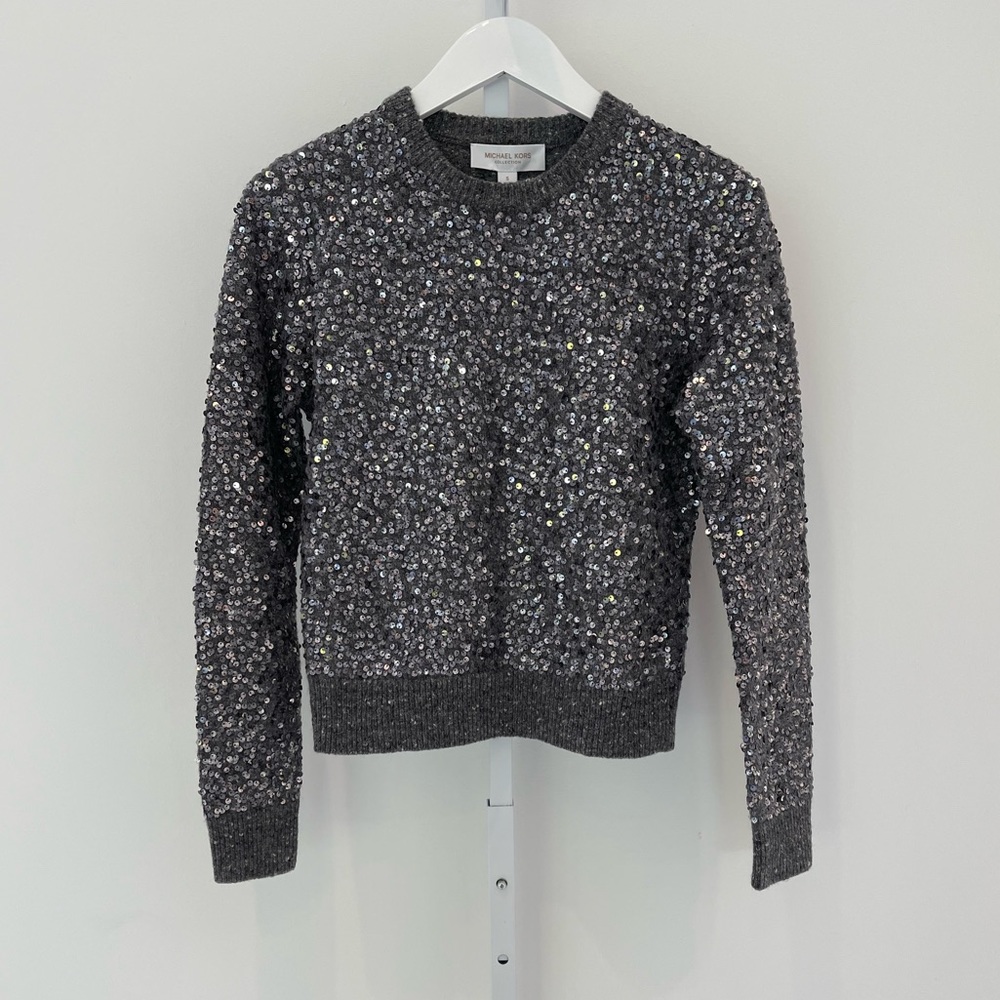 MICHAEL KORS COLLECTION BANKER MELANGE GRAY CASHMERE SEQUINS SWEATER SMALL NWTS!